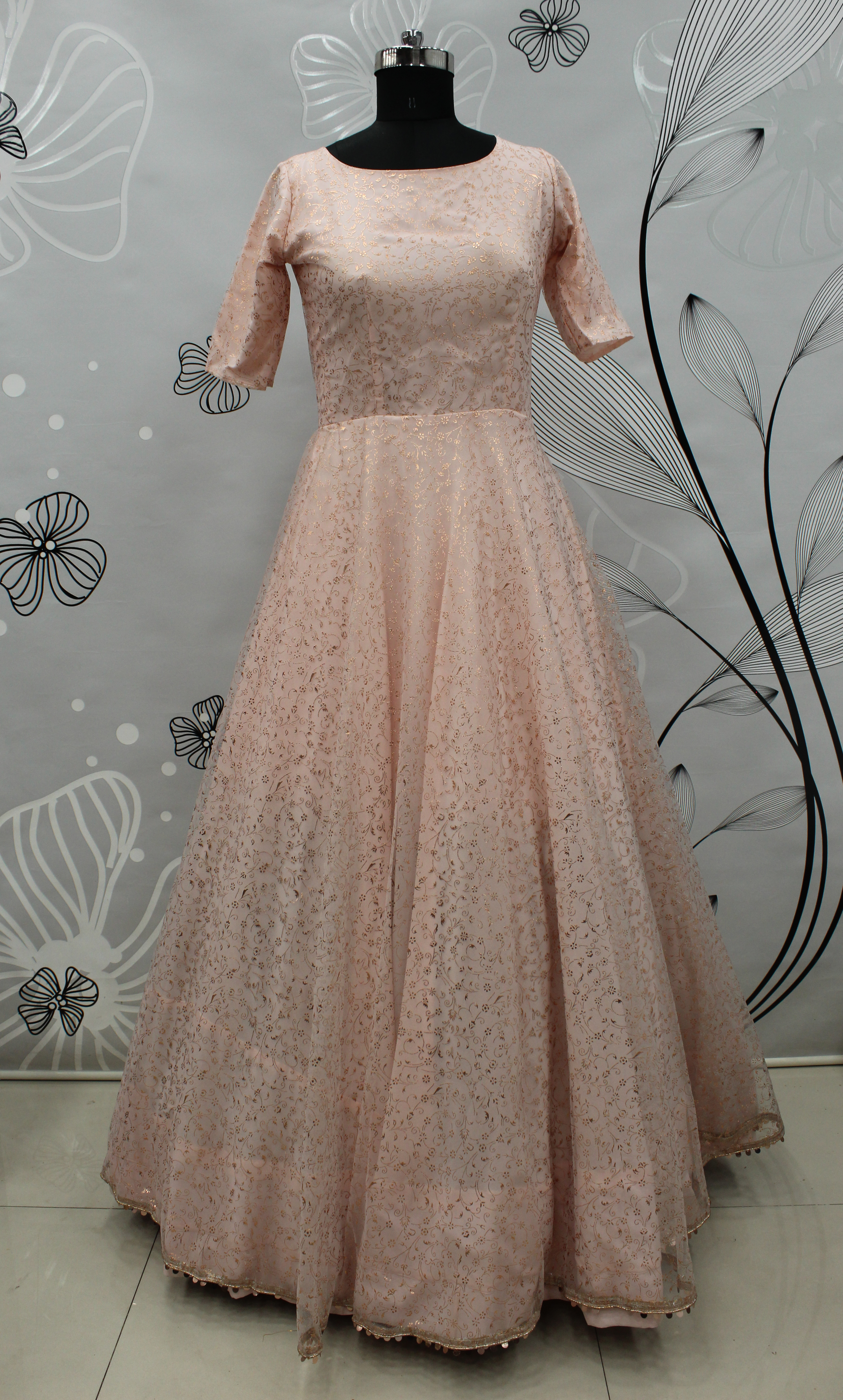 Peach Partywear Wear Foil Work Net Gown